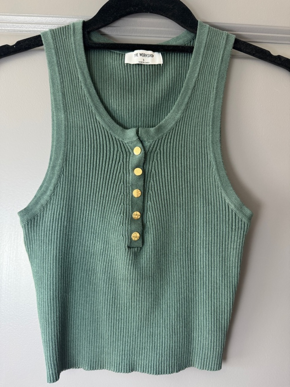 The Workshop Ribbed Henley Tank Top Sage Green Button Front Small